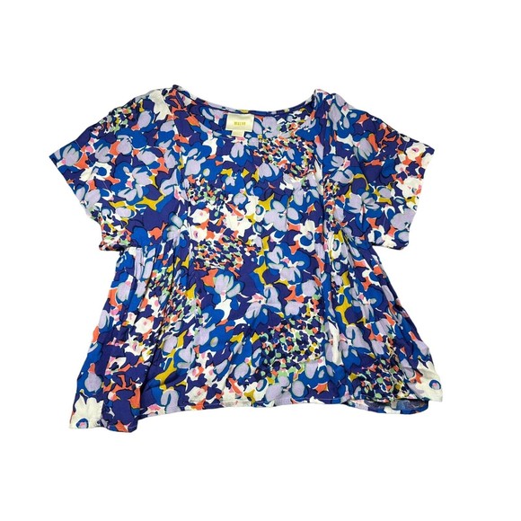 Maeve Anthropologie Blue Abstract Floral Pleat Blouse‎ Top Size XS - Picture 2 of 6